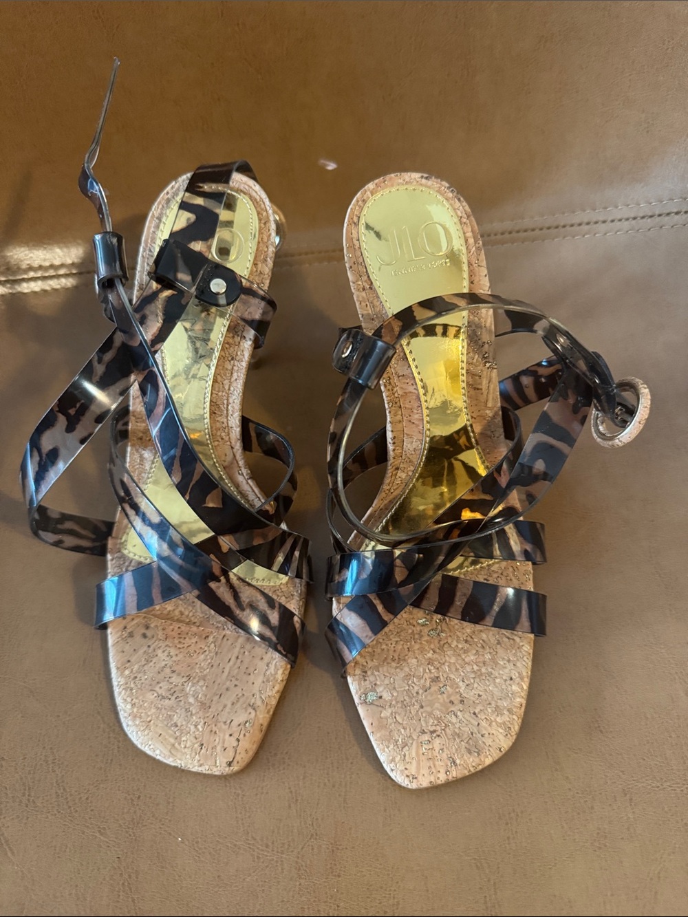 Jennifer Lopez Leopard-Print Cork Strappy Sandals - Brown